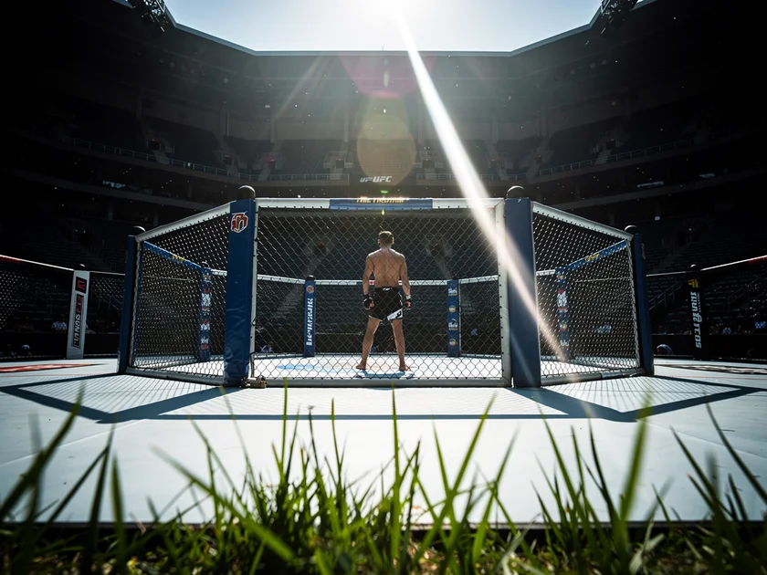 Brock Lesnar celebrating UFC Heavyweight Division title win over Randy Couture in the octagon