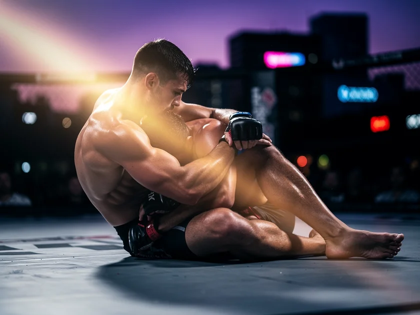 Charles Oliveira in fighting stance inside the UFC octagon during a lightweight championship bout