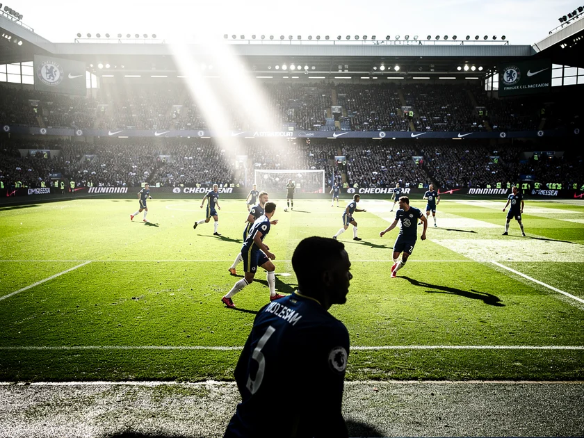 Chelsea FC crest at Stamford Bridge representing the club's Champions League financial stakes in 202