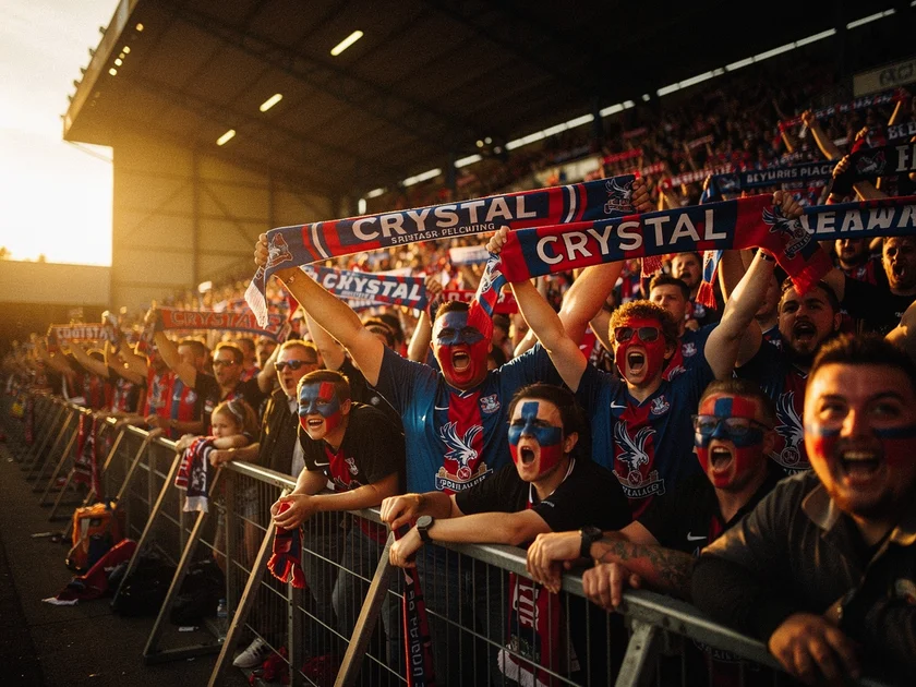 Crystal Palace players in their red and blue kit at Selhurst Park during a 2025-26 Premier League ma