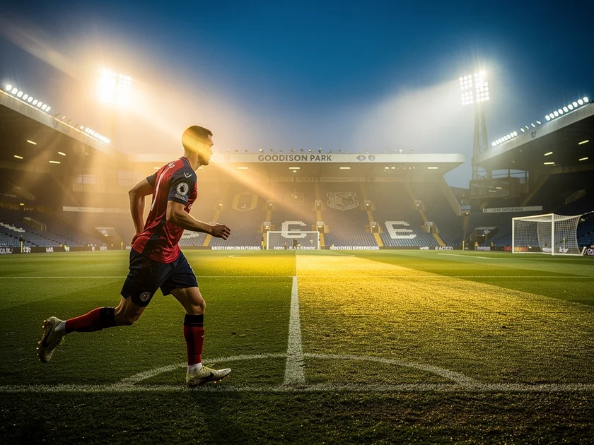 Everton FC crest at Bramley-Moore Dock stadium representing financial pressure in Premier League 202