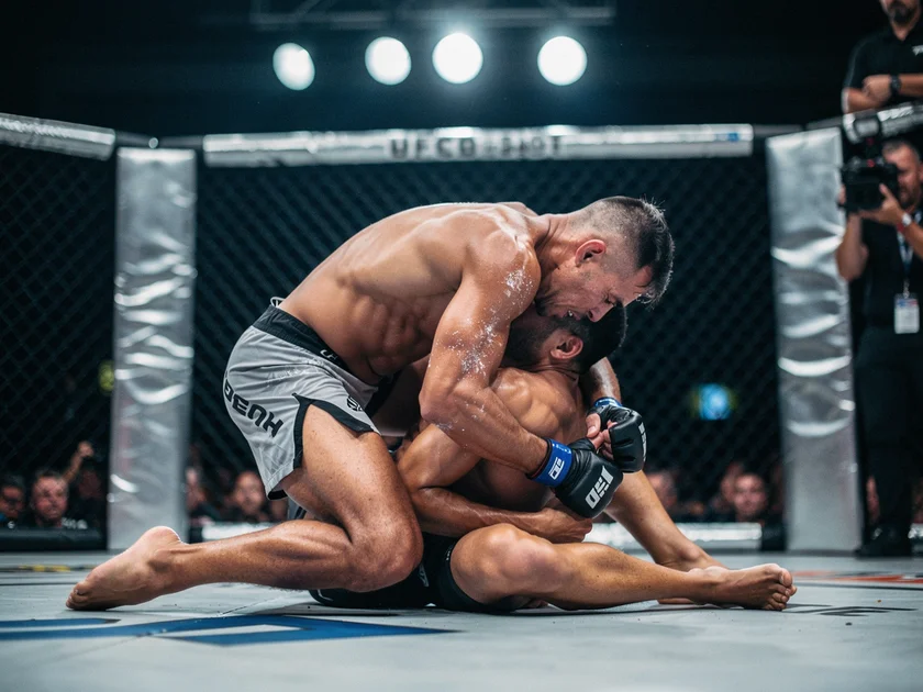 Ilia Topuria celebrating after a UFC featherweight title victory in the octagon in 2024