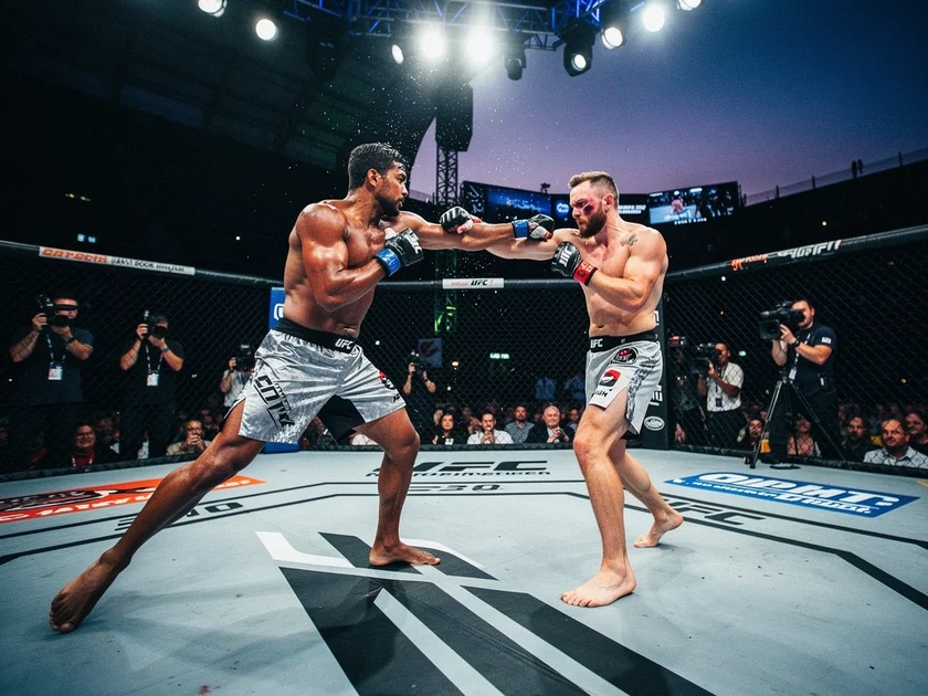 Ilia Topuria UFC featherweight champion raises fist in octagon after title defense in 2026