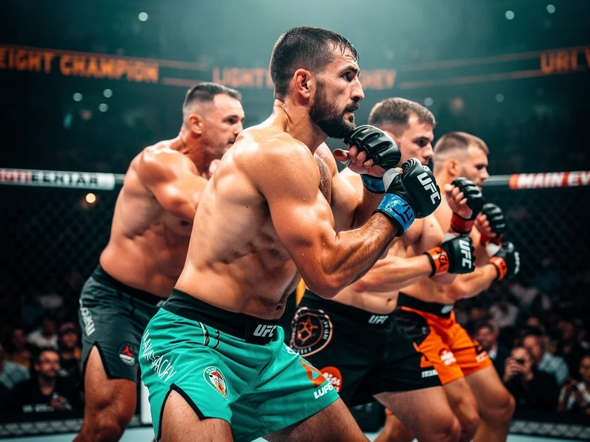 Islam Makhachev holding the UFC lightweight championship belt after a title defense in 2026