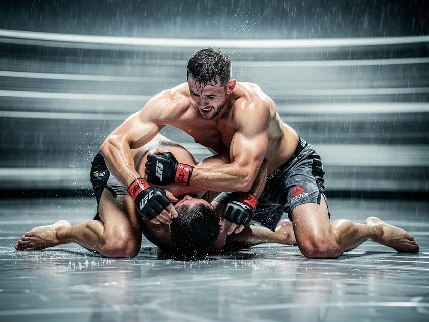 Islam Makhachev holding the UFC lightweight championship belt after title defense in 2026