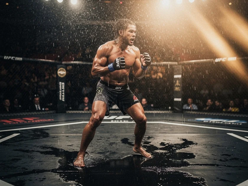 Islam Makhachev holding the UFC lightweight championship belt at a 2026 title event