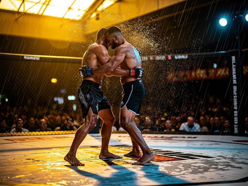 Israel Adesanya standing in the UFC octagon after his loss to Joe Pyfer in Seattle 2026