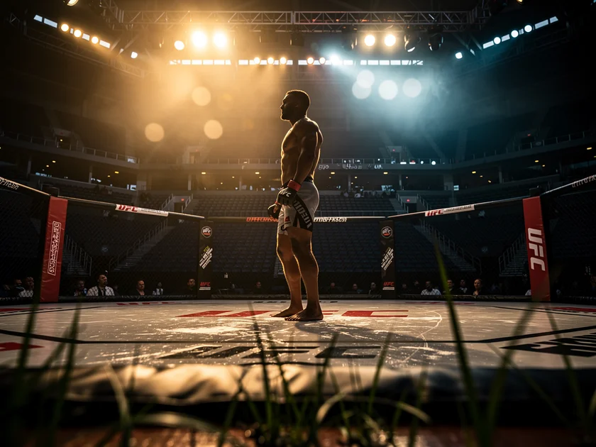 Jon Jones holding the UFC heavyweight championship belt inside the octagon in 2024