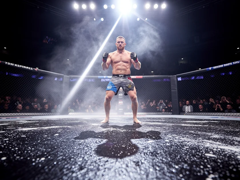 Tom Aspinall holding the UFC interim heavyweight championship belt after his victory at UFC 295