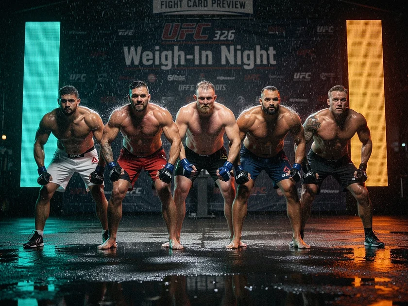 Max Holloway and Charles Oliveira face off at UFC 326 weigh-ins for the UFC welterweight division ca