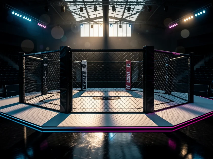 Charles Oliveira in UFC octagon preparing for featherweight rematch against Max Holloway at UFC 326