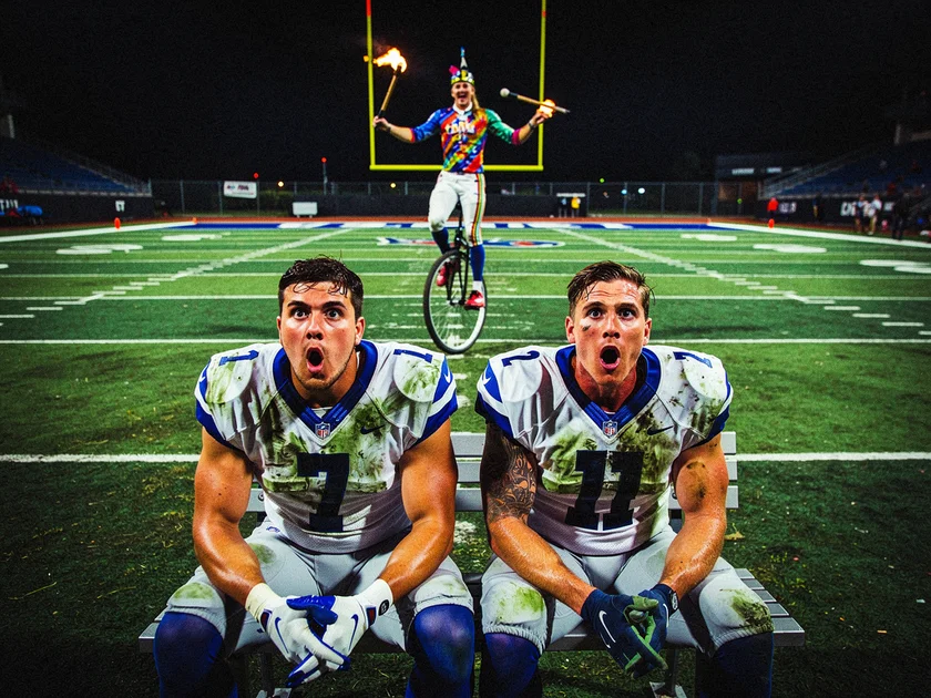 Cole Palmer and Tosin Adarabioyo reacting to a circus act in Chelsea's Impress the Pro fan series