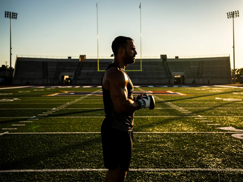 Israel Adesanya celebrating victory at UFC 287 with Kamaru Usman at Kaseya Center in Miami