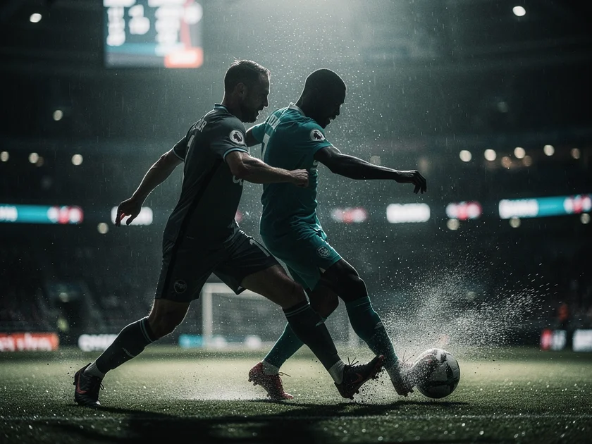William Saliba in Arsenal kit defending during Premier League match against Patrick Dorgu